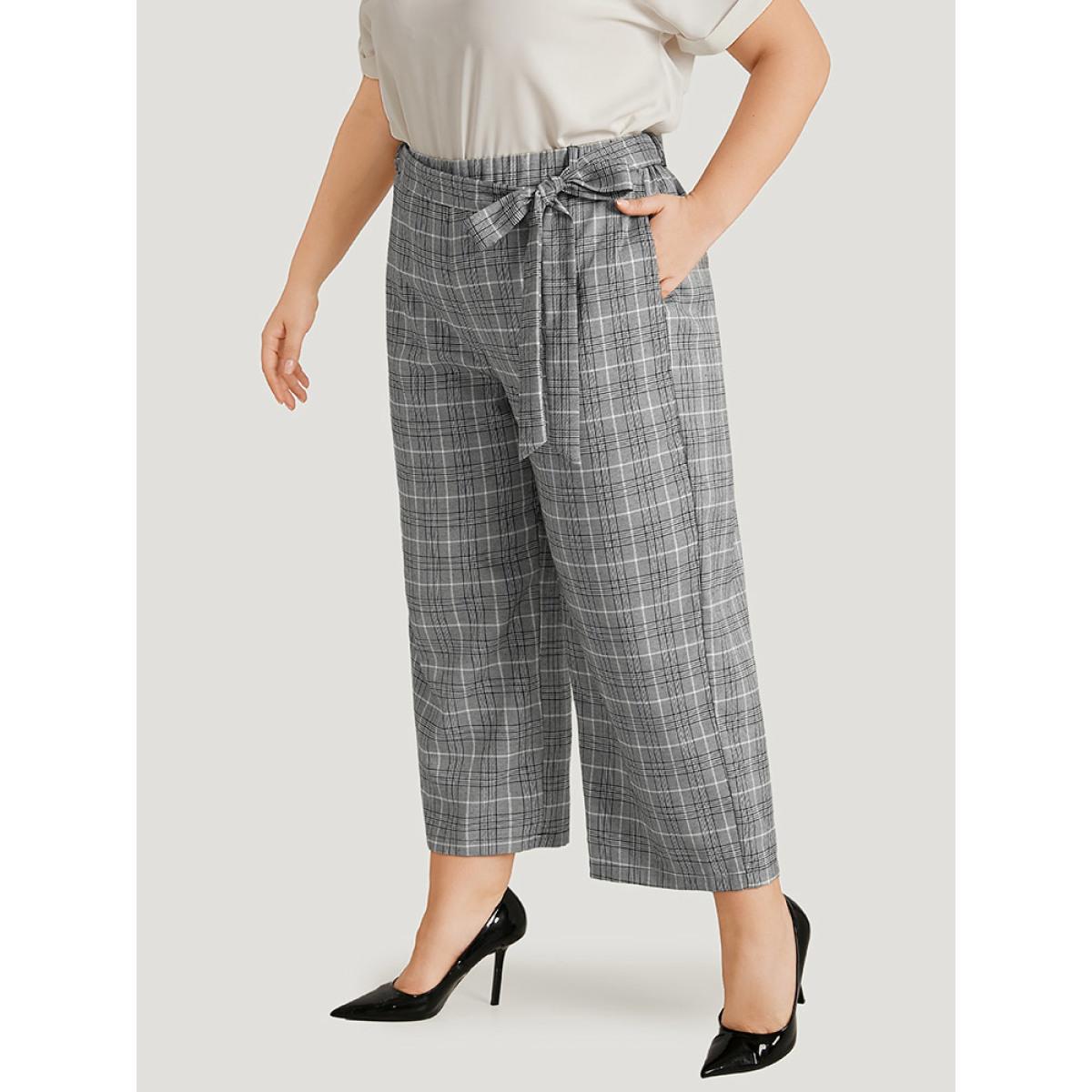 Plus Size Gingham Pocket Belted Wide leg Pants Women Black Office Straight Leg High Rise Office Pants BloomChic 30/6X Product Image