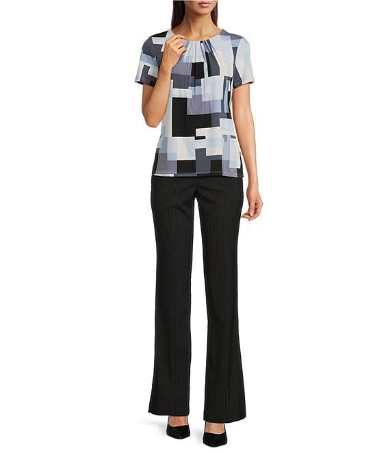 Calvin Klein Printed Matte Jersey Pleated Crew Neck Short Sleeve Fitted Blouse Product Image