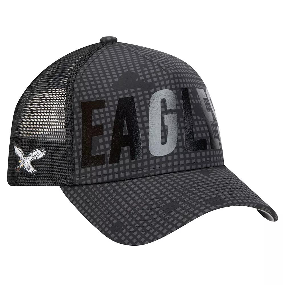 Men's New Era Black Philadelphia Eagles Throwback Midnight Ink Tonal Text A-Frame Trucker 9FORTY Adjustable Hat Product Image