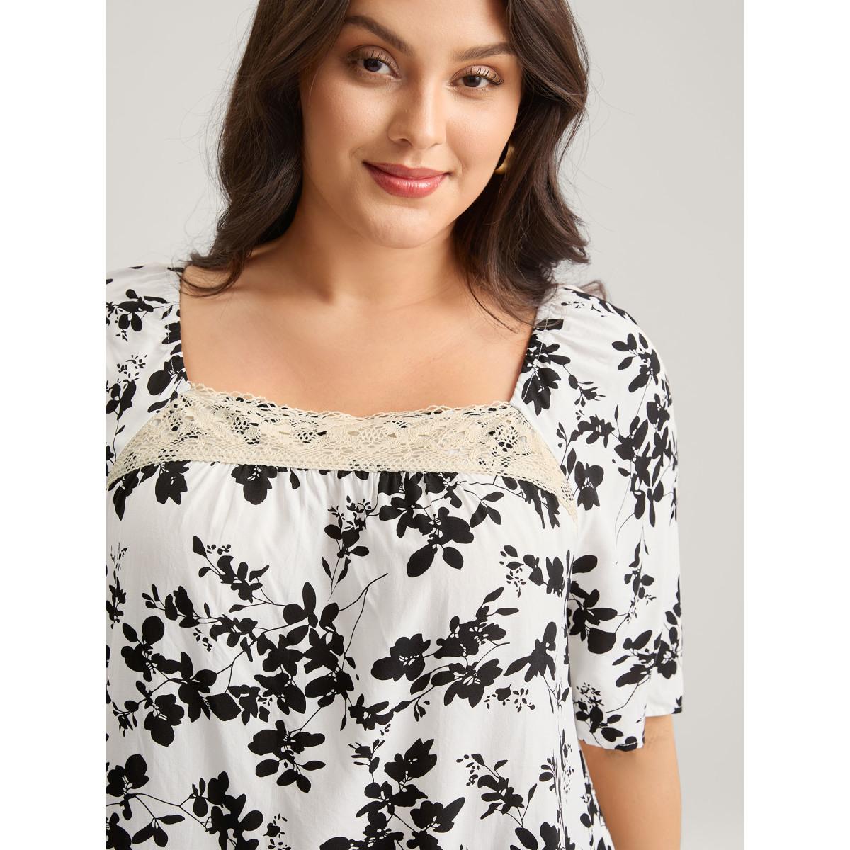 Plus Size WhiteSmoke Silhouette Floral Lace Detail Blouse Women Half Sleeve Square Neck Elegant Blouses BloomChic 26/4X Product Image