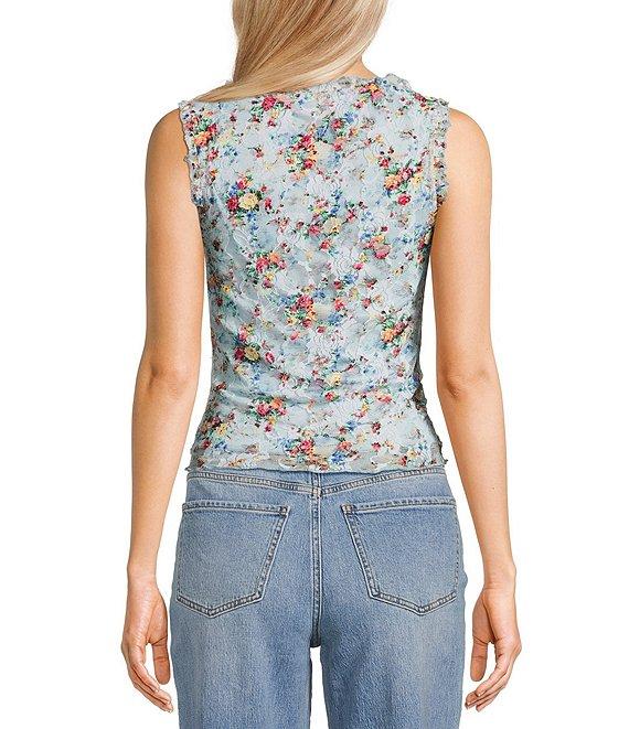 Honey & Sparkle Ditsy Floral Print V-Neck Sleeveless Ruffle Edge Lined Lace Top Product Image