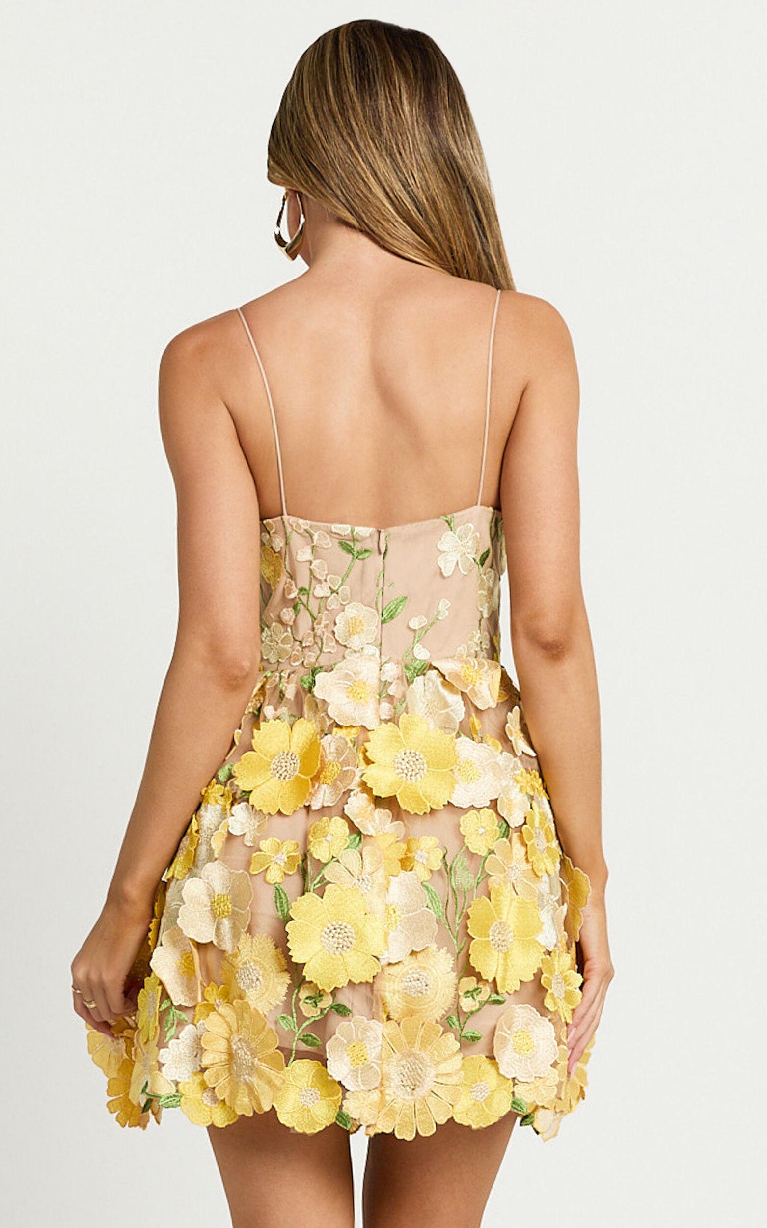 Amalie The Label - Mia Strappy Flower Detail Mini Dress in Yellow Product Image
