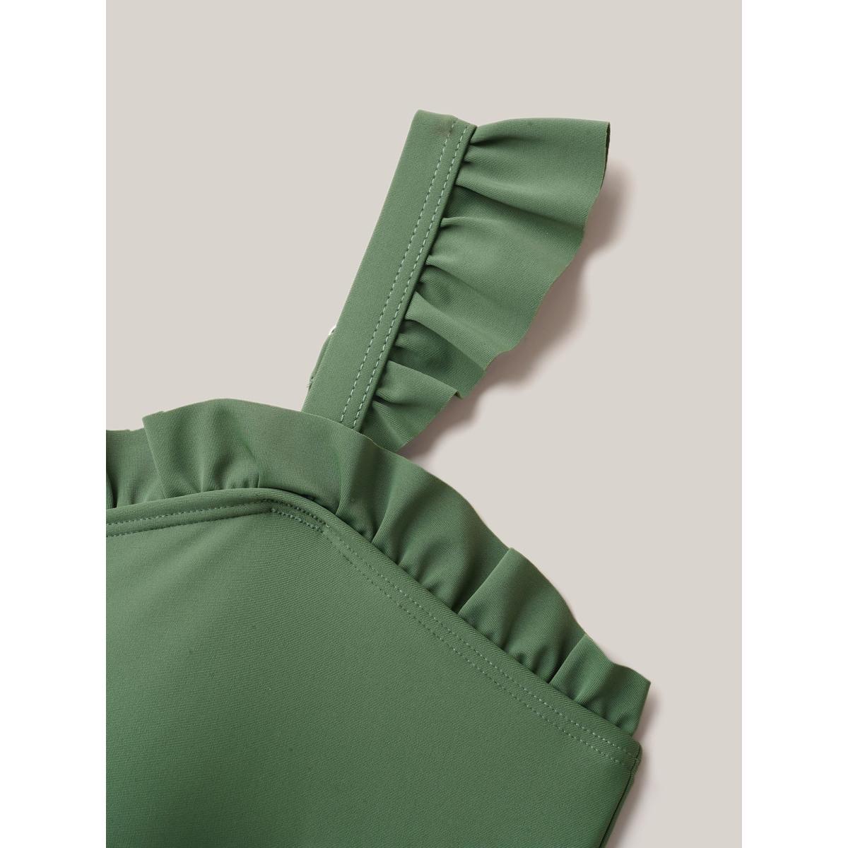 Plus Size Frill Trim Belted Fit Flare Swim Dress Women's Swimwear Moss Resort Bodycon Heart neckline High stretch Curve Swim Dresses BloomChic 30/6X Product Image