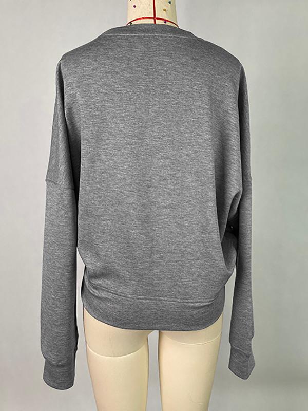 Long Sleeves Loose Belt Buckle Solid Color Round-Neck Sweatshirt Tops Product Image