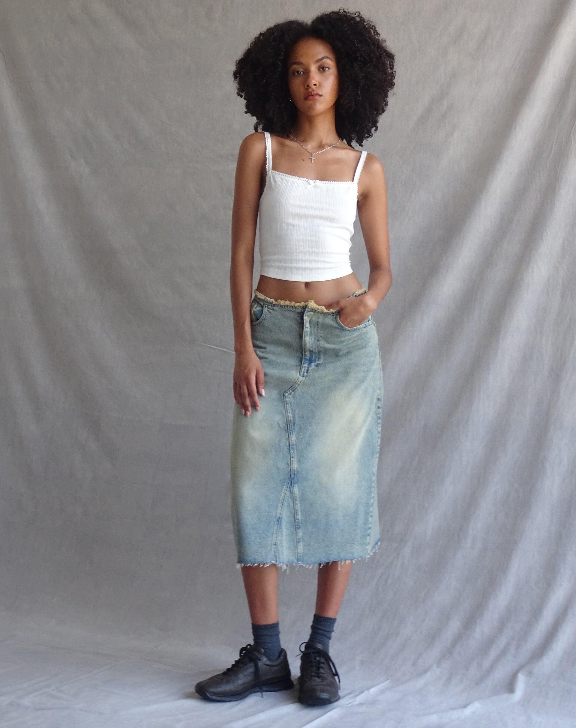 Low Rise Denim Midi Skirt in Light Blue Sand Female Product Image
