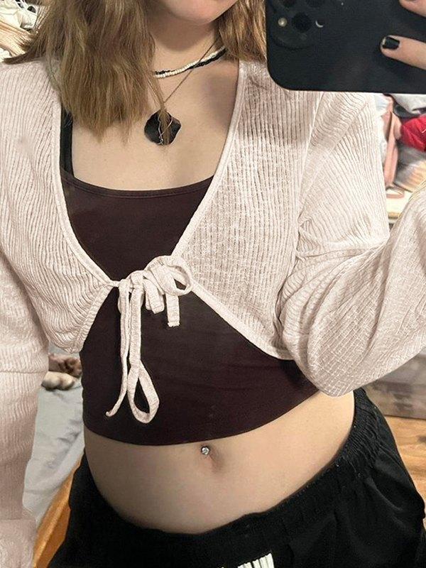 Tie Front Cardi Ribbed Knit Crop Top Product Image