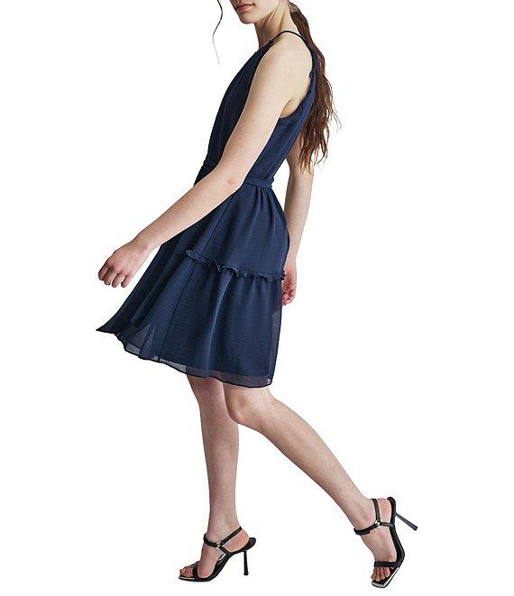 DKNY by Donna Karan Halter Neck Sleeveless Ruffle Tie Belt Mini Dress Product Image