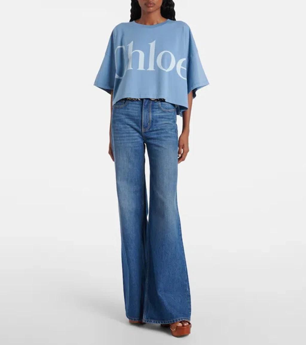 CHLOÉ Women Light Blue Jersey Cropped Logo T-shirt Product Image