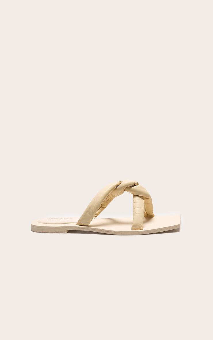 Beige Square Toe Real Leather Padded Twisted Strap Mule Sandals Product Image