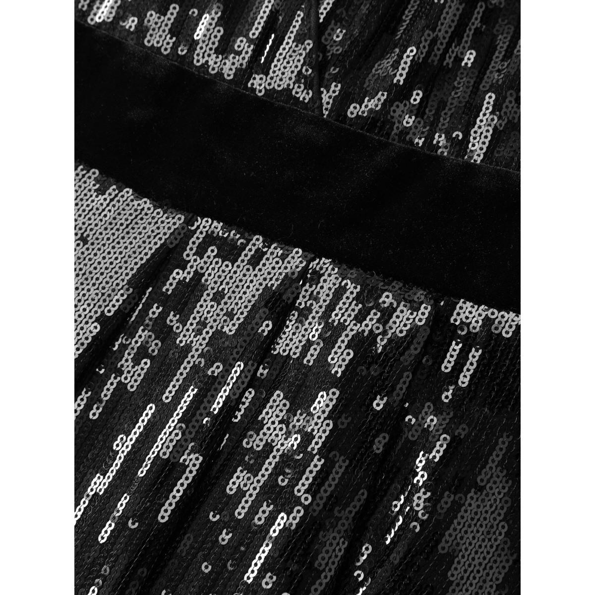 Plus Size Sparkly Sequin Waist-Defining Sheer Maxi Dress Black Women Party&Cocktail Overlap Collar Extra Long Sleeve Curvy BloomChic 26/4X Product Image