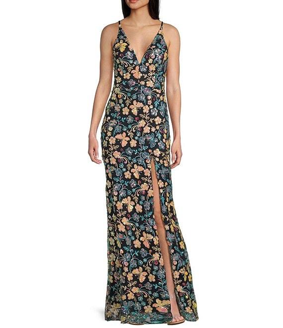 Blondie Nites Sequin Floral Butterfly Patterned Spaghetti Strap V-Neck Tie Back Gown Product Image