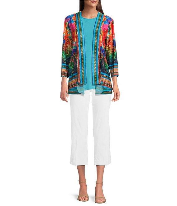 Ali Miles Knit Abstract Floral 3/4 Sleeve Open-Front Cardigan Product Image