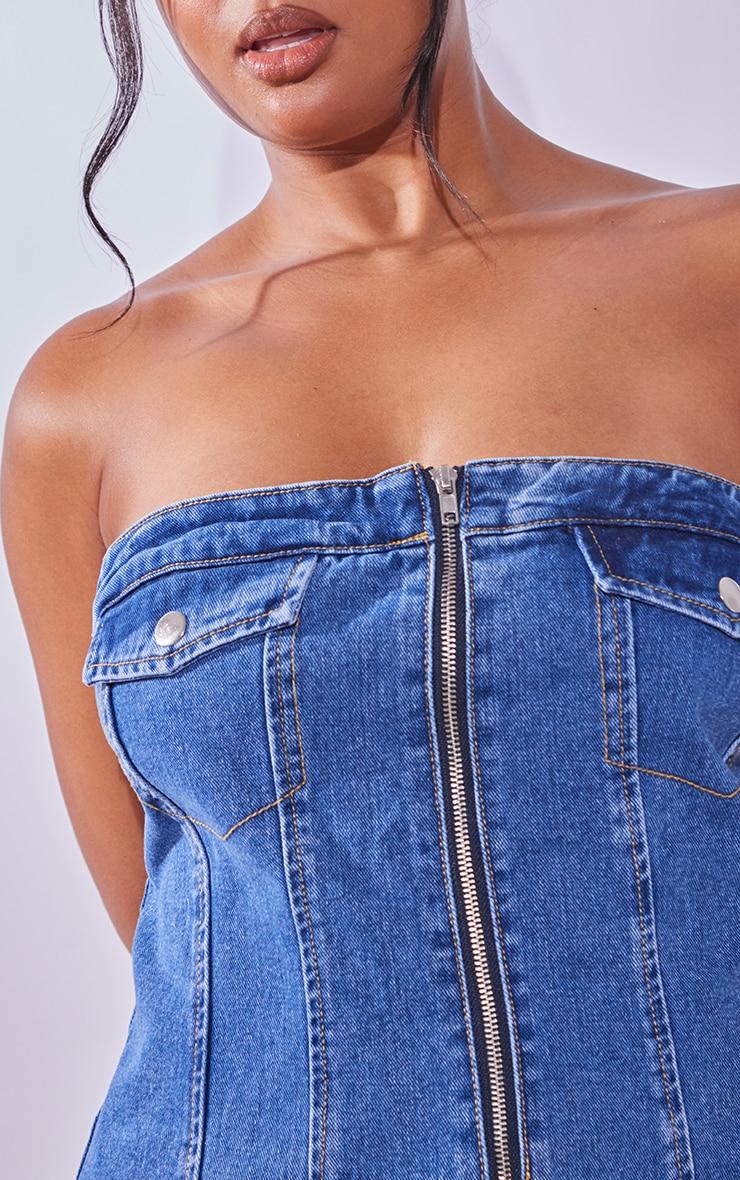 Plus Mid Blue Wash Bandeau Zip Up Denim Corset Product Image