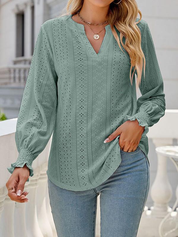 Long Sleeves Loose Elasticity Hollow Solid Color V-Neck T-Shirts Tops Product Image