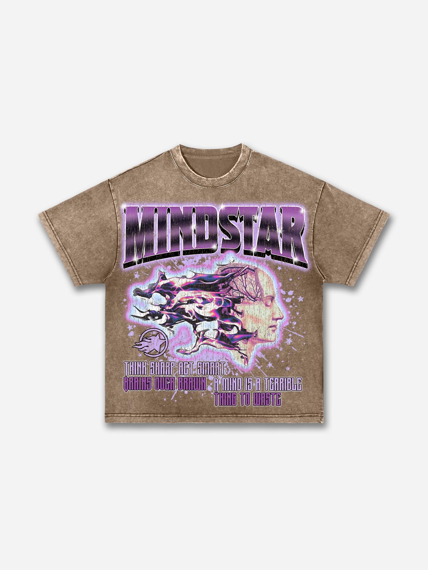 Mindstar-burning Thinking-retro Pattern Acid Wash T-shirt Product Image