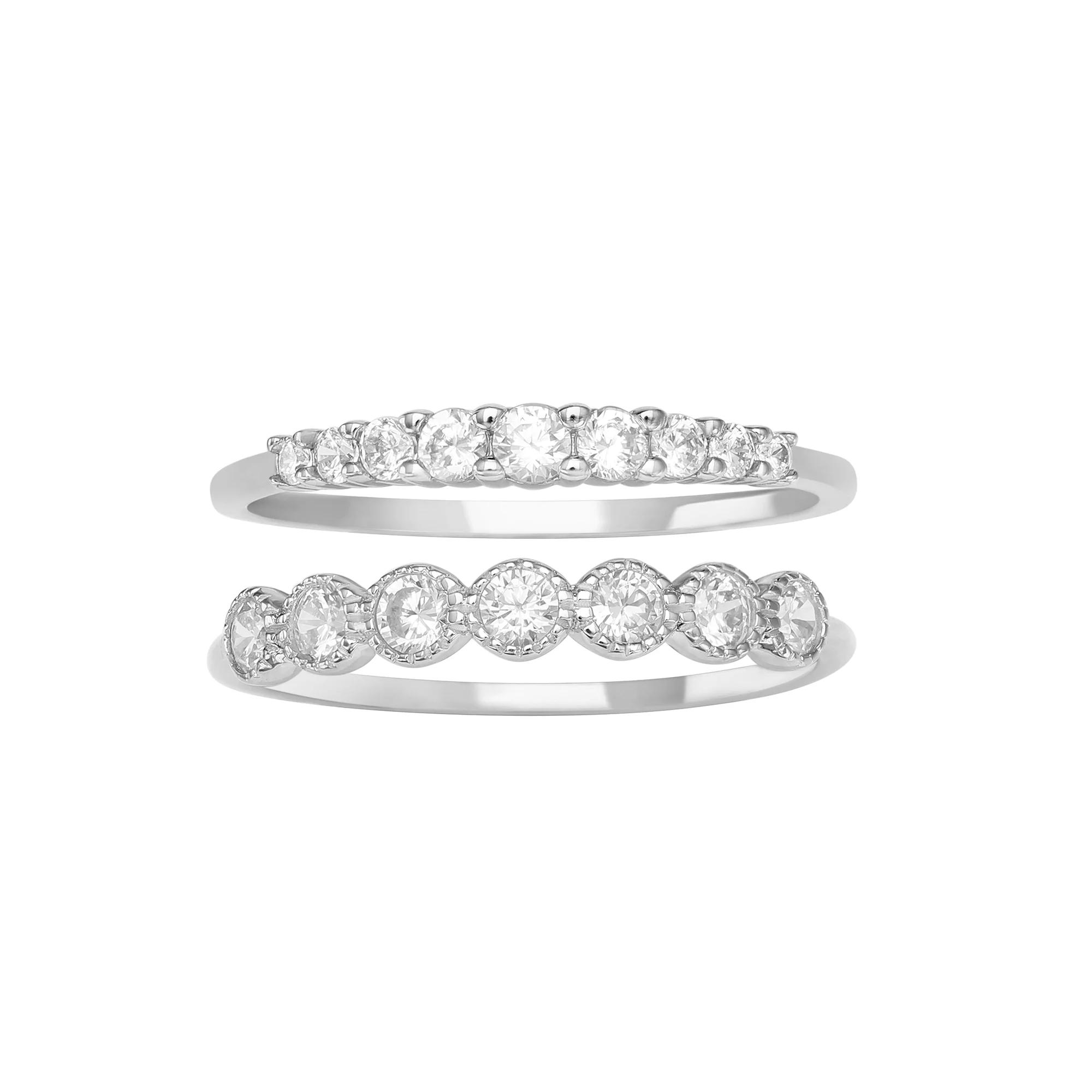 PRIMROSE Sterling Silver Cubic Zirconia Studded Two Ring Set, Women's,  Product Image