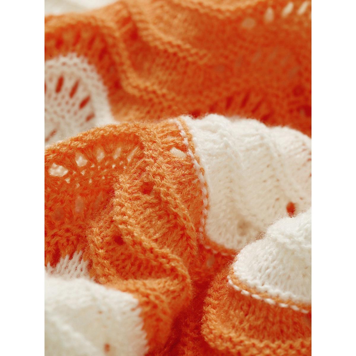 Plus Size Two Tone Eyelet Drop Shoulder Pullover Orange Women Casual Bodycon Long Sleeve Round Neck Dailywear Pullovers BloomChic 28/5X Product Image