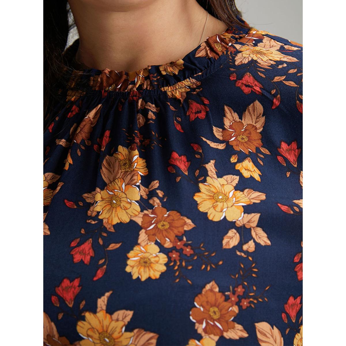 Plus Size Supersoft Essentials Floral Print Mock Neck Dress DarkBlue Women Elegant Printed Mock Neck Long Sleeve Curvy Midi Dress BloomChic 30/6X Product Image