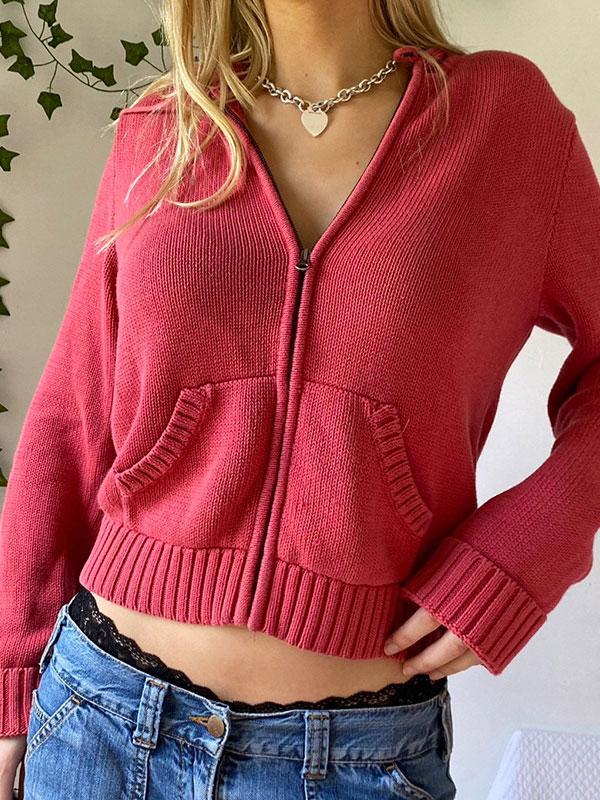 Hooded Crop Knit Cardigan Product Image