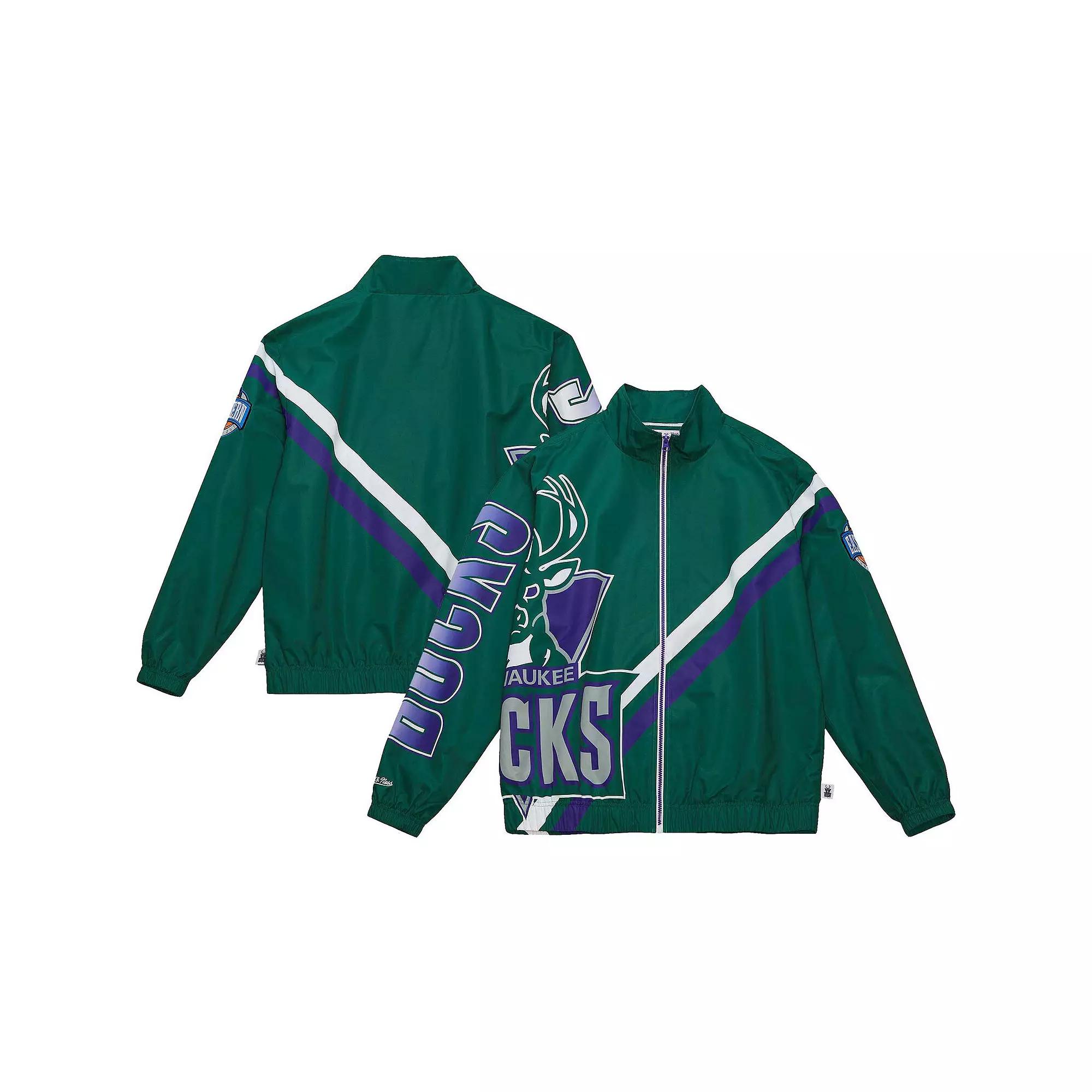 Men's Mitchell & Ness Hunter Green Milwaukee Bucks Exploded Logo Warm-Up Full-Zip Jacket,  Product Image