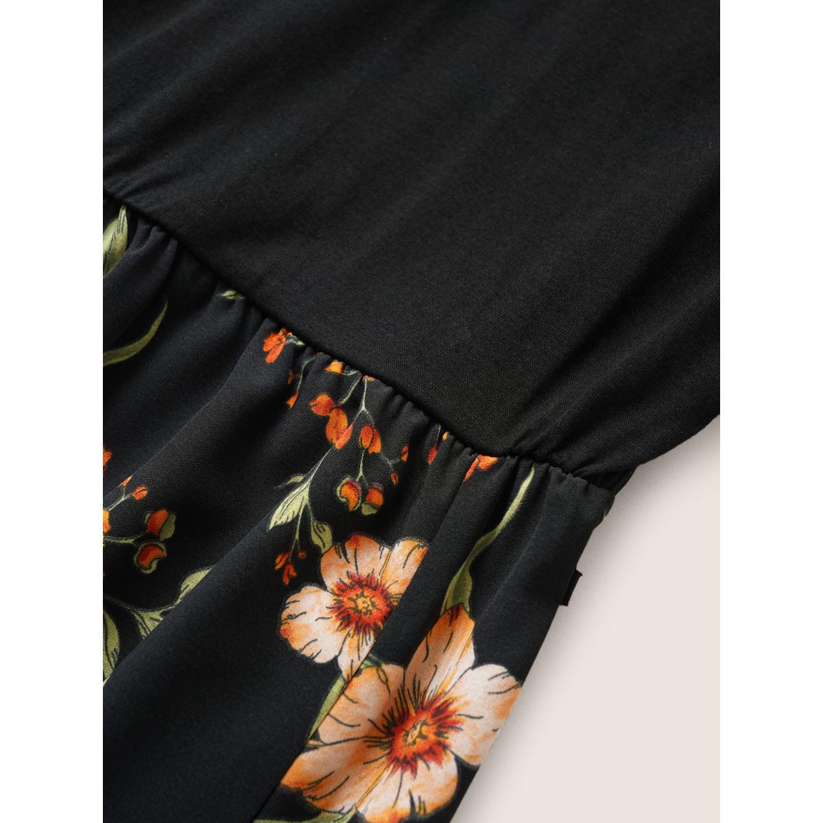 Plus Size Floral Patchwork Pocket Elastic Waist Sleeveless Dress Black Women Elegant Non Sleeveless Curvy Midi Dress BloomChic 22-24/3X Product Image