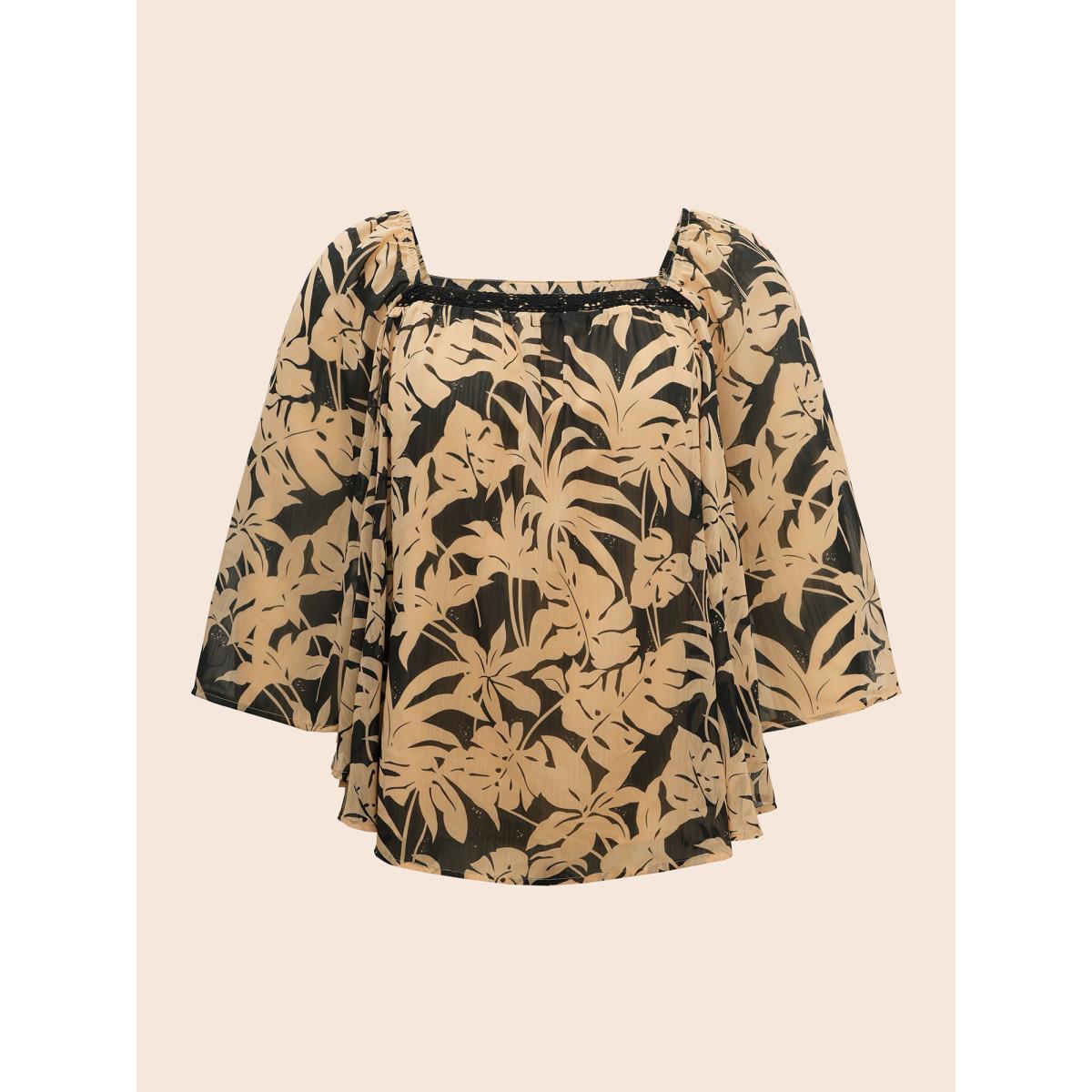 Plus Size Black Silhouette Floral Print Batwing Sleeve Contrast Webbing Blouse Women Elegant Elbow-length sleeve Square Neck Everyday Blouses BloomChic 14-16/1X Product Image