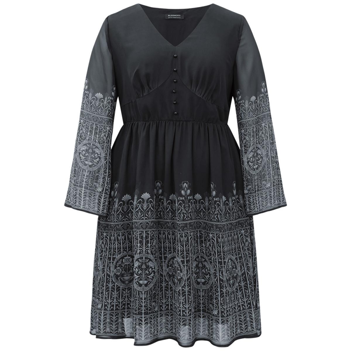 Plus Size Boho Print Button Detail Bell Sleeve Dress BlackFlower Women Office Printed V-neck Long Sleeve Curvy Midi Dress BloomChic 28/5X Product Image