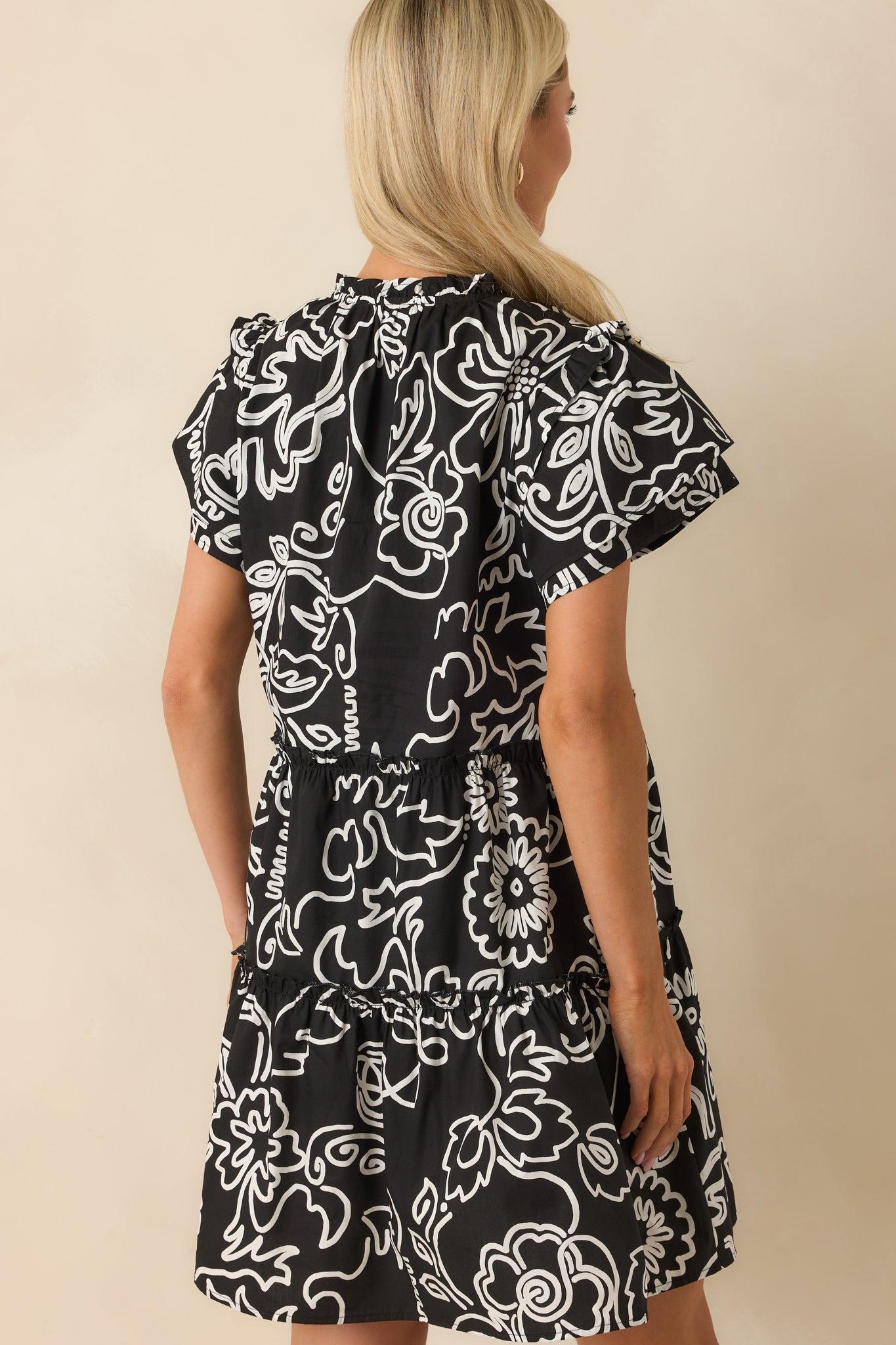 Go Your Way Black Floral Print Cotton Flutter Sleeve Mini Dress Product Image