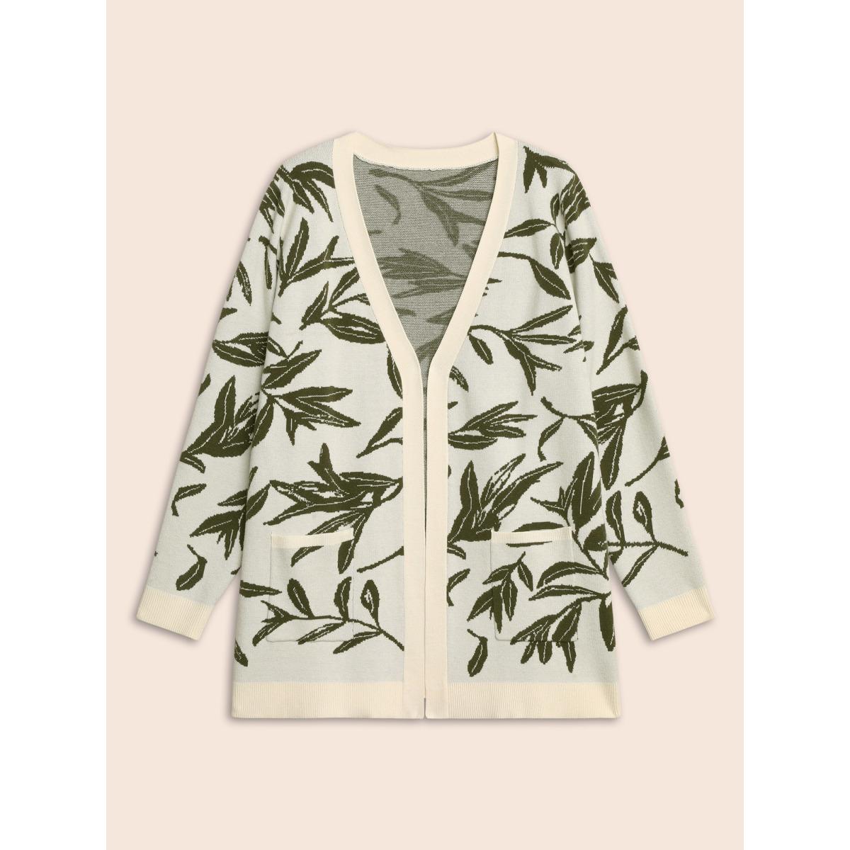 Plus Size Leaf Pattern Patch Pocket Jacquard Cardigan Beige Women Casual Loose Long Sleeve Everyday Cardigans BloomChic 28/5X Product Image