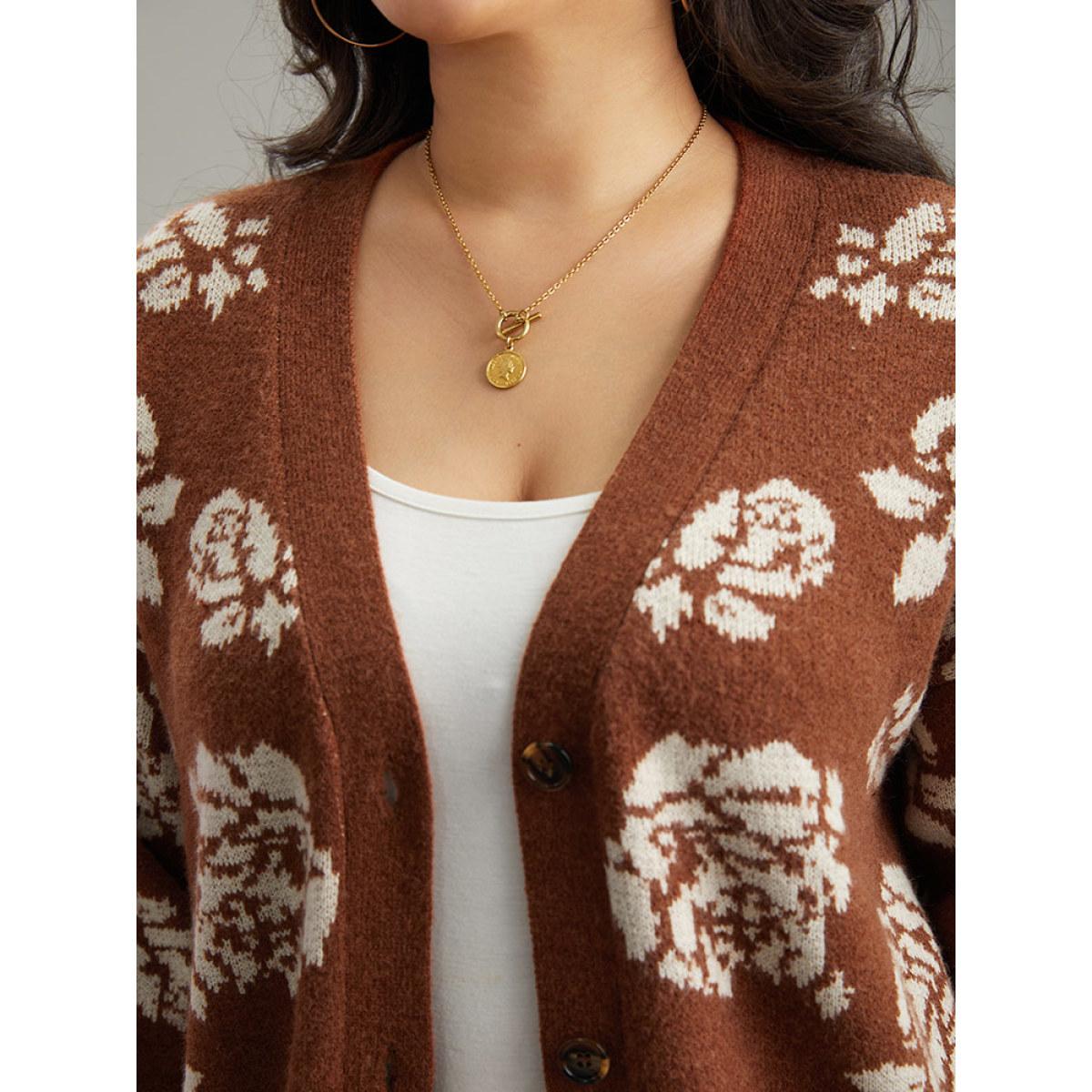 Plus Size Anti-Pilling Floral Print Drop Shoulder Cardigan Chocolate Women Casual Loose Long Sleeve Dailywear Cardigans BloomChic 14-16/1X Product Image