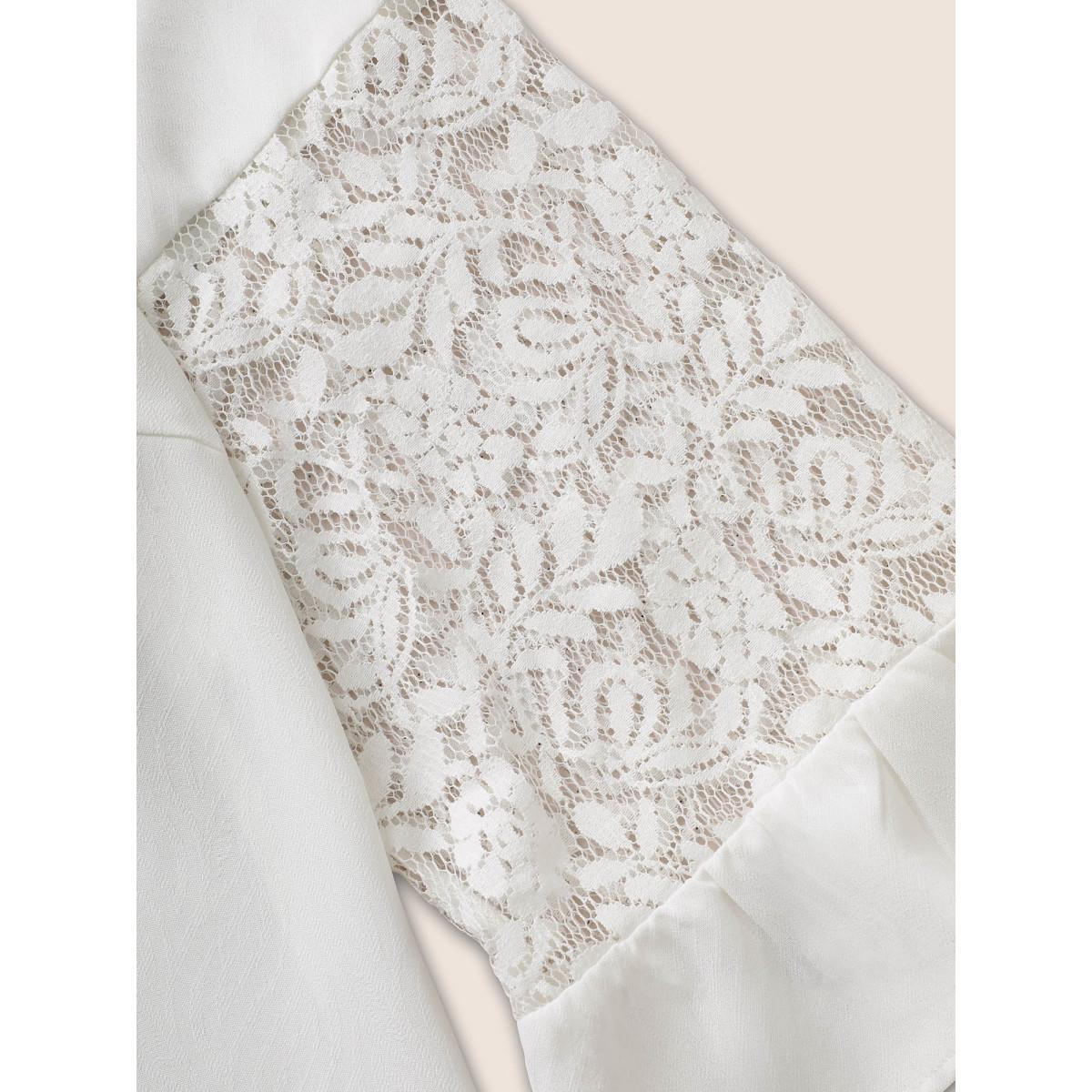 Plus Size White Crochet Lace Mesh Keyhole Pleated Blouse Women Elegant Elbow-length sleeve Notched collar Everyday Blouses BloomChic 14-16/1X Product Image