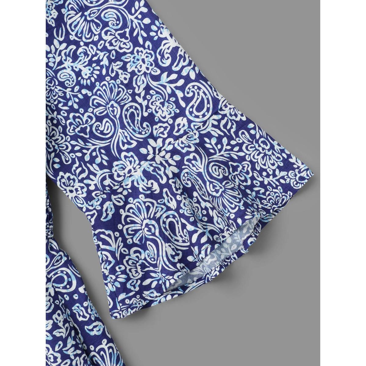 Plus Size V-Neck Paisley Print Smocked Waist Dress DarkBlue Women Resort Non V-neck Elbow-length sleeve Curvy BloomChic 28/5X Product Image