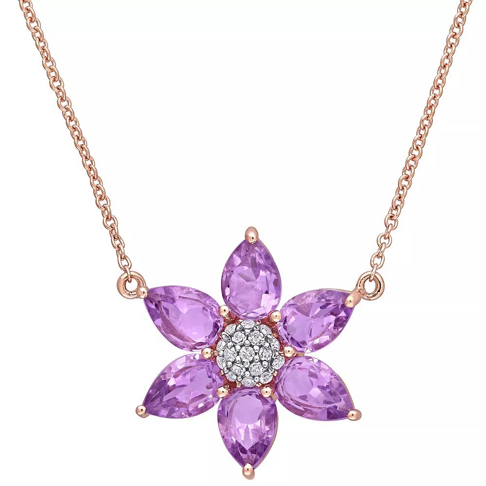 Stella Grace 10k Rose Gold Amethyst & 1/10 Carat T.W. Diamond Flower Pendant Necklace, Women's, Size: 17" Product Image