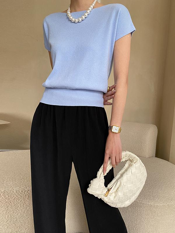 Stylish Loose Solid Color Boat Neck Knitwear Pullovers Tops Product Image