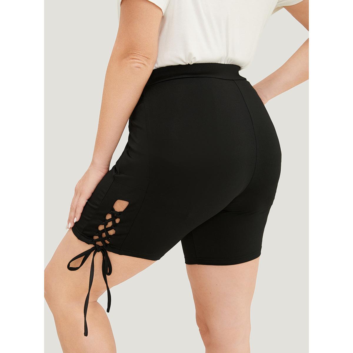 Plus Size Solid Cut Out Lace Up Shorts Women Black Casual High stretch Skinny High Rise Dailywear Leggings BloomChic 28/5X Product Image
