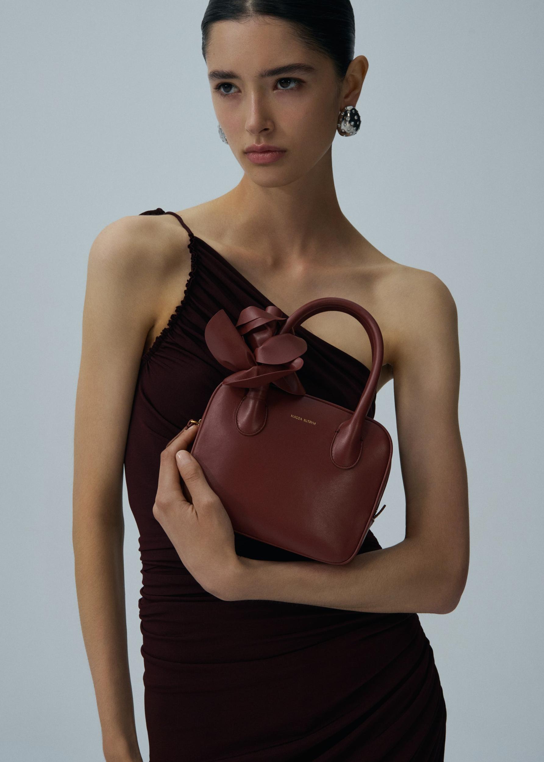 Asymmetrical draped midi dress in bordeaux Product Image