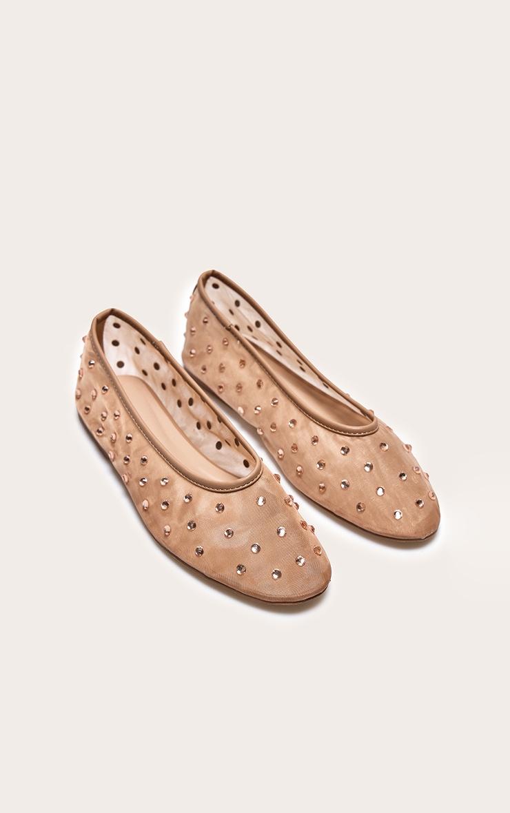 Nude Mesh Round Toe Diamante Stud Ballet Pumps Product Image