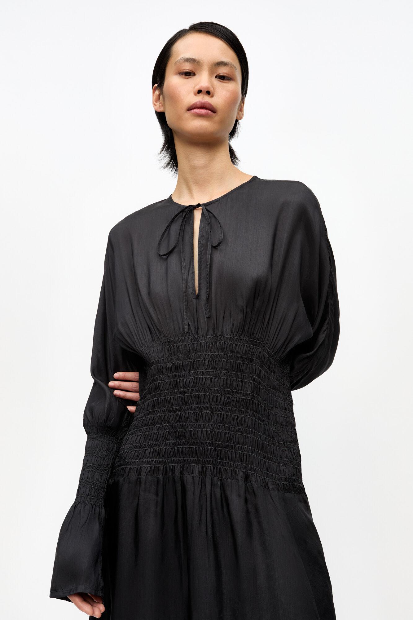 Black Viscose Habotai Smock Midi Dress Product Image