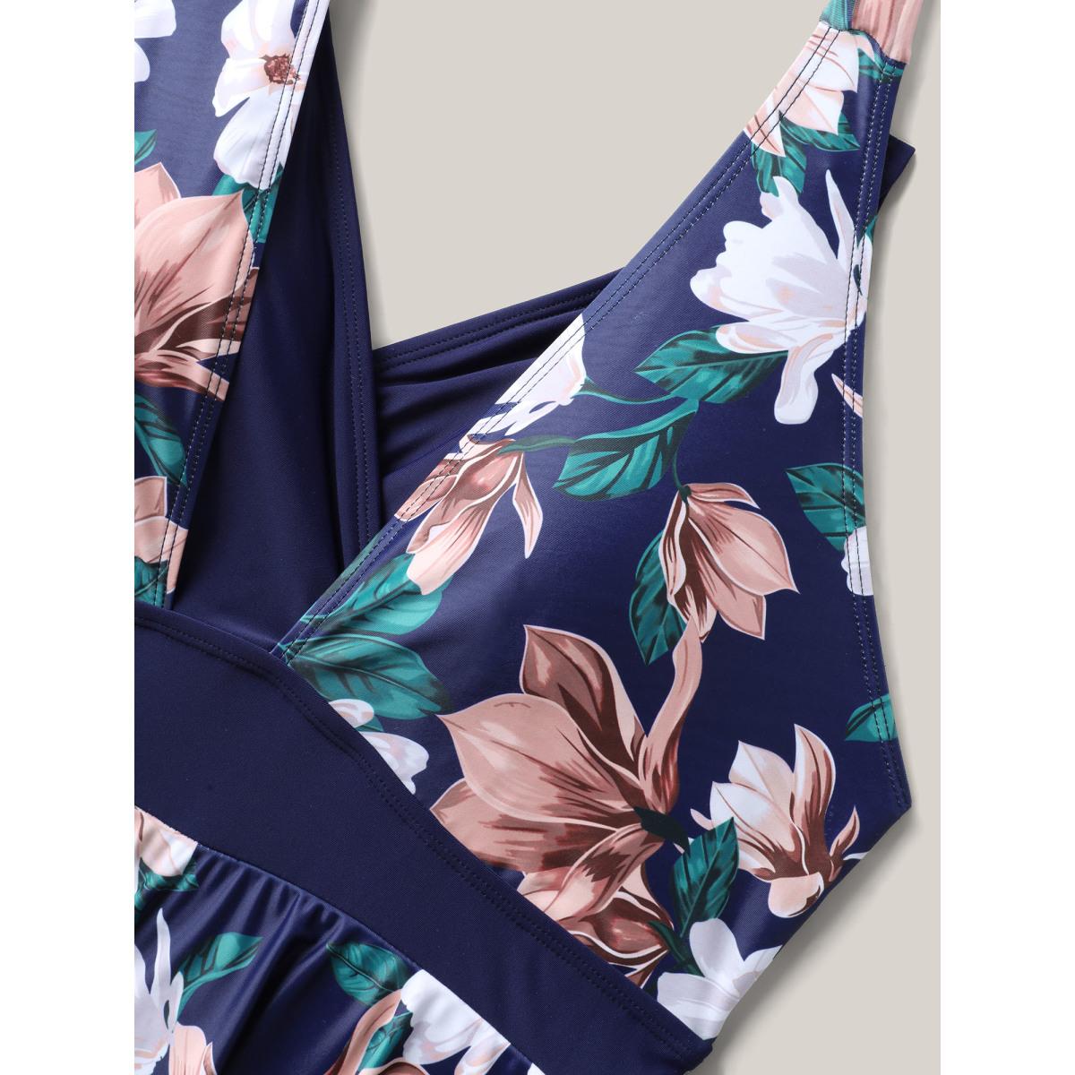 Plus Size Floral Print Color Block Swim Dress Women's Swimwear Midnight Beach Bodycon Overlap Collar High stretch Curve Swim Dresses BloomChic 22-24/3X Product Image