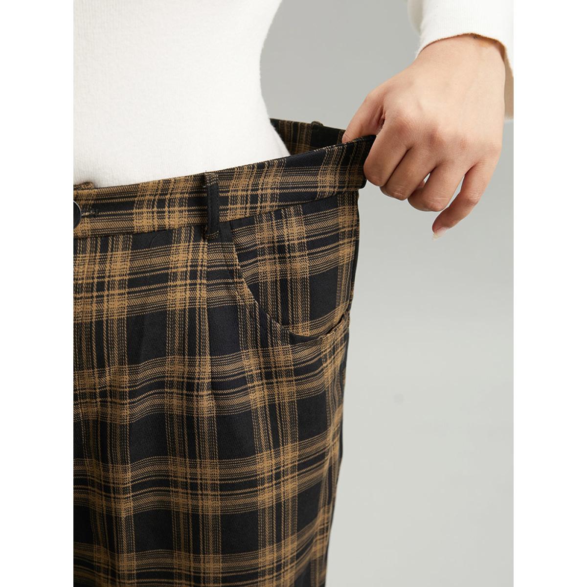 Plus Size Plaid High Rise Pocket Elastic Waist Pants Women Black Office Straight Leg High Rise Work Pants BloomChic 12/L Product Image