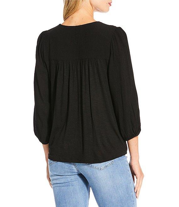 Nurture Petite Size 3/4 Sleeve Keyhole Neck Embroidered Lace Square Yoke Top Product Image