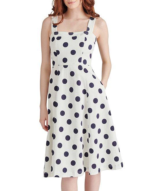 Steve Madden Dolly Woven Dotted Print Square Neck Sleeveless A-Line Midi Dress Product Image