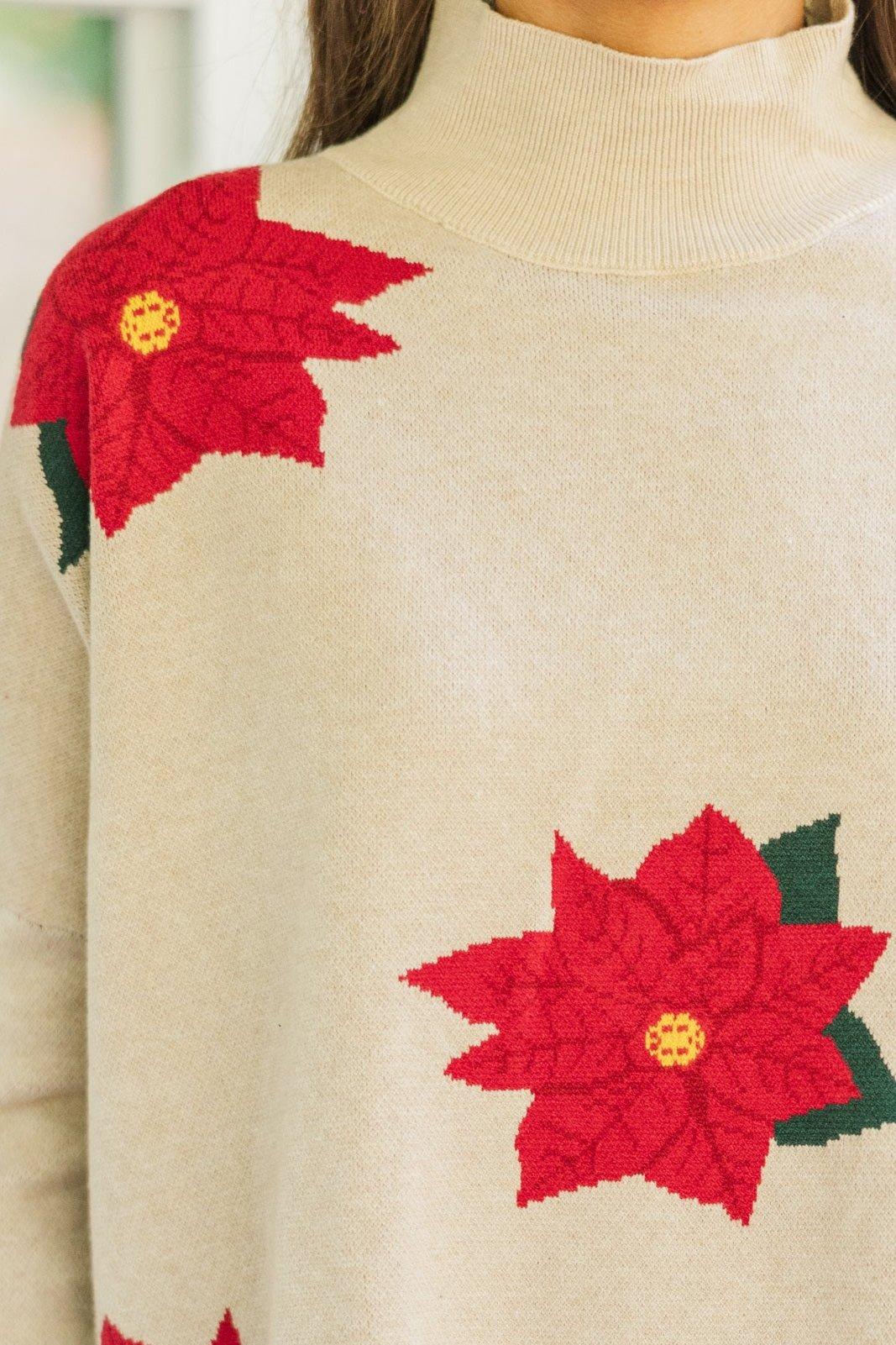 Quick Decisions Oatmeal Poinsettia Sweater Female Product Image