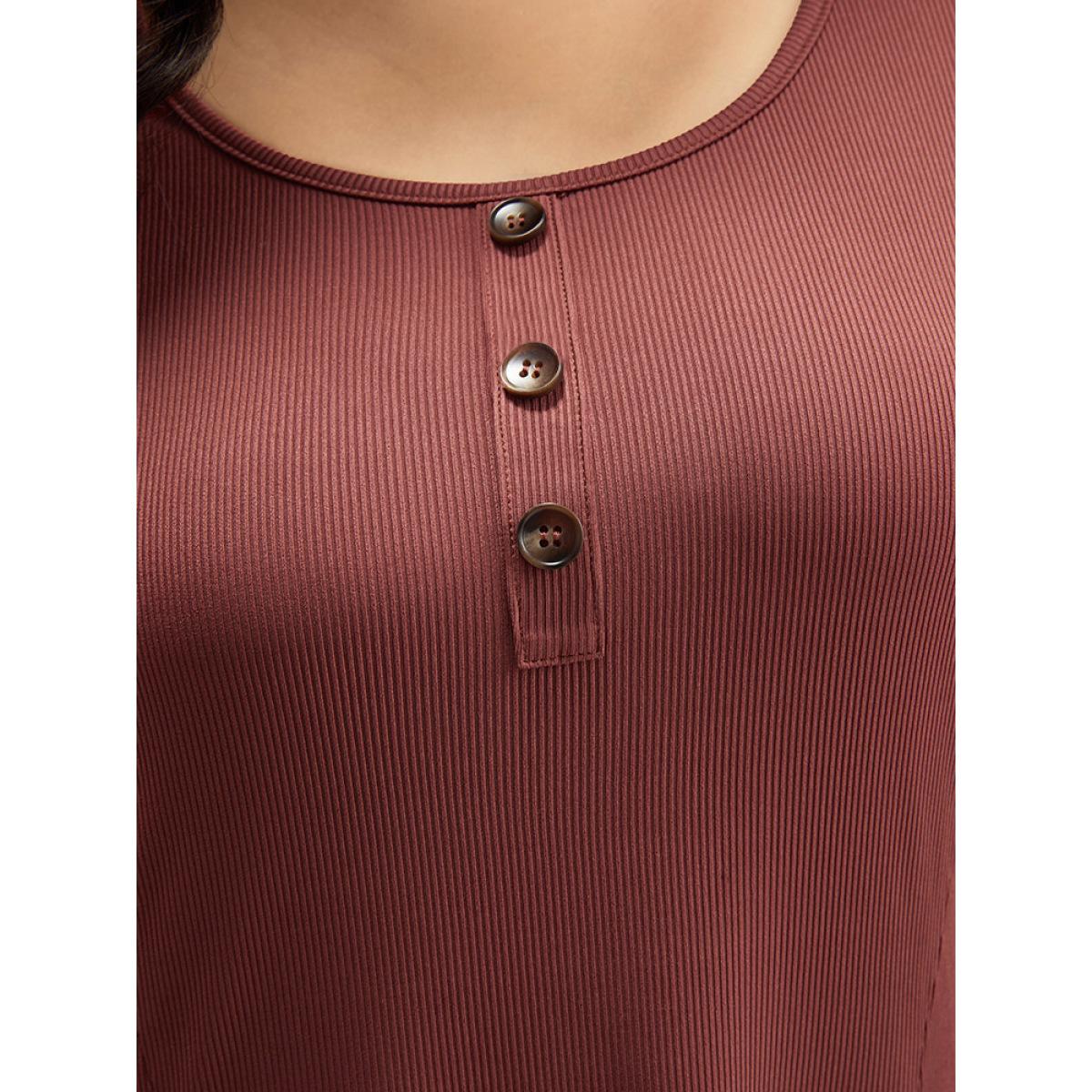 Plus Size Rib Knit Solid Button Up Pocket Ruffle Hem Dress Scarlet Women Casual Plain Round Neck Long Sleeve Curvy Midi Dress BloomChic 30/6X Product Image