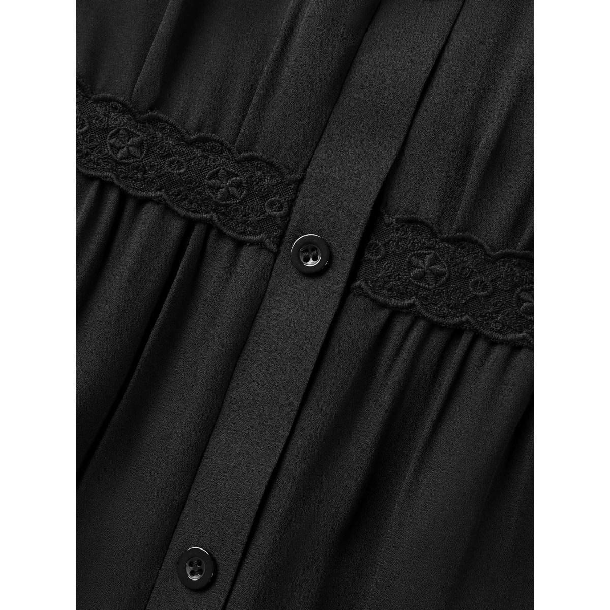 Plus Size Lace Trim Button Placket Midi Dress Black Women Timeless Flat collar with V-notch Short sleeve Curvy BloomChic 30/6X Product Image