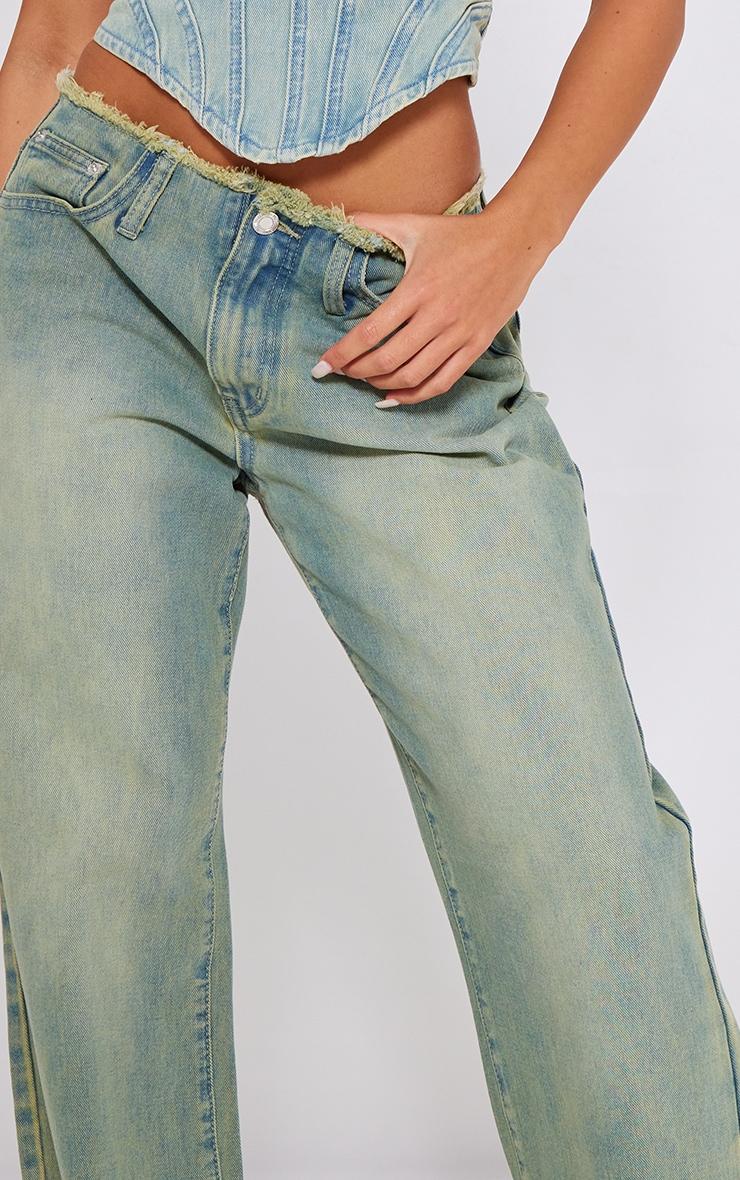 Petite Vintage Wash Fray Waist Low Rise Straight Leg Jeans Product Image