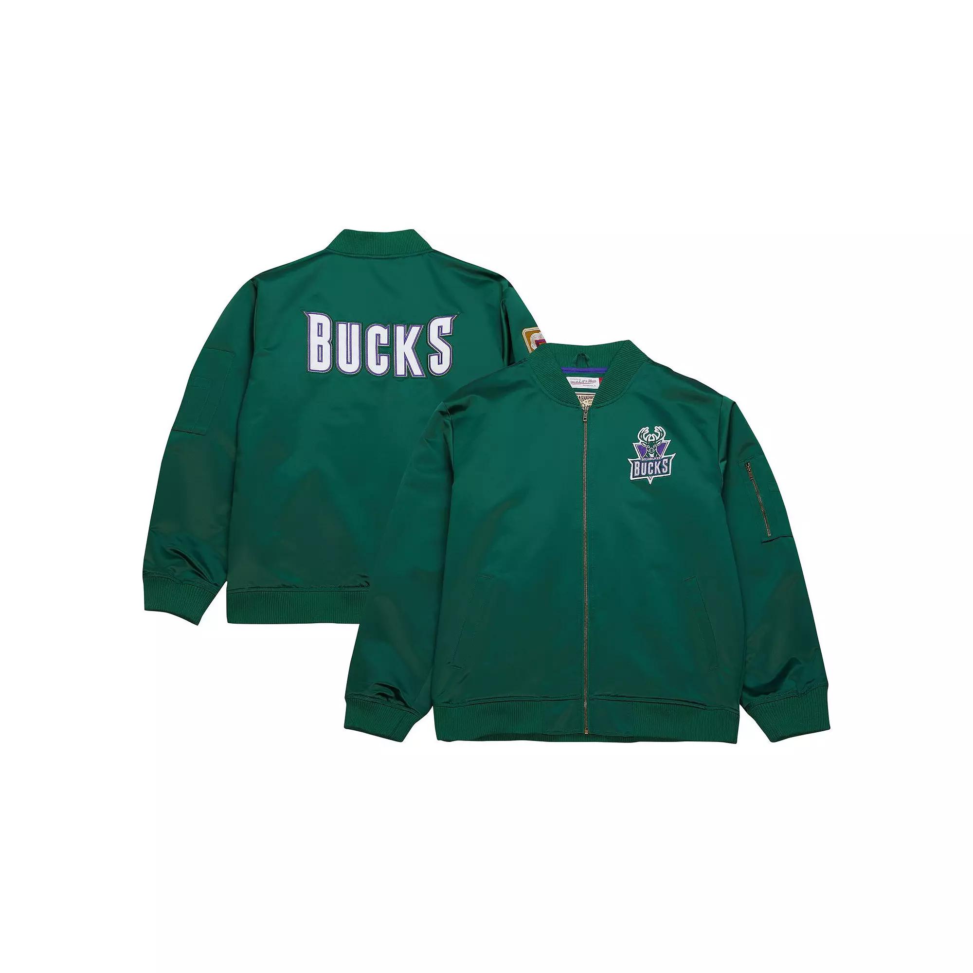 Men's Mitchell & Ness Green Milwaukee Bucks Hardwood Classics Vintage Logo Full-Zip Bomber Jacket,  Product Image