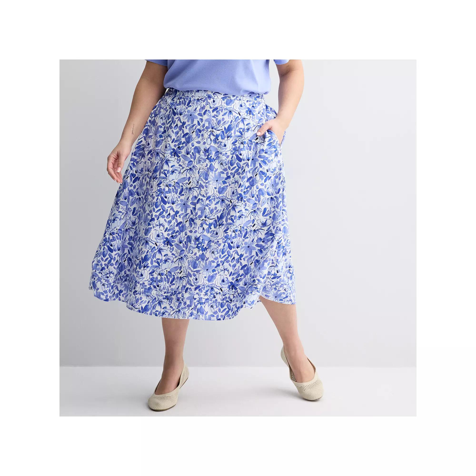 Plus Size Croft & Barrow® Button Front Midi Skirt, Women's, Size: 1XL, Blue Posy Floral Product Image