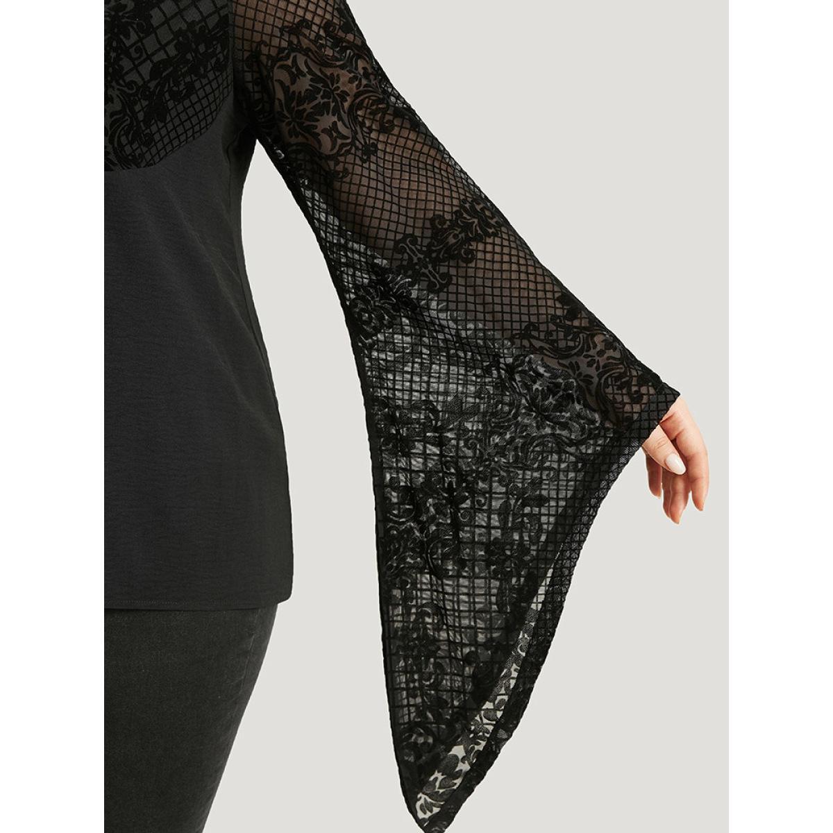 Plus Size Black Halloween Floral Eyelet Lace Mesh Bell Sleeve Blouse Women Elegant Long Sleeve Square Neck Festival-Halloween Blouses BloomChic 10/M Product Image
