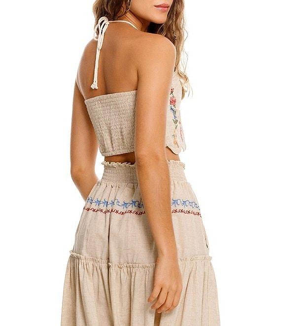 Agua Bendita Serenity Blush Floral Embroidered Halter Neck Scallop Crop Top Product Image